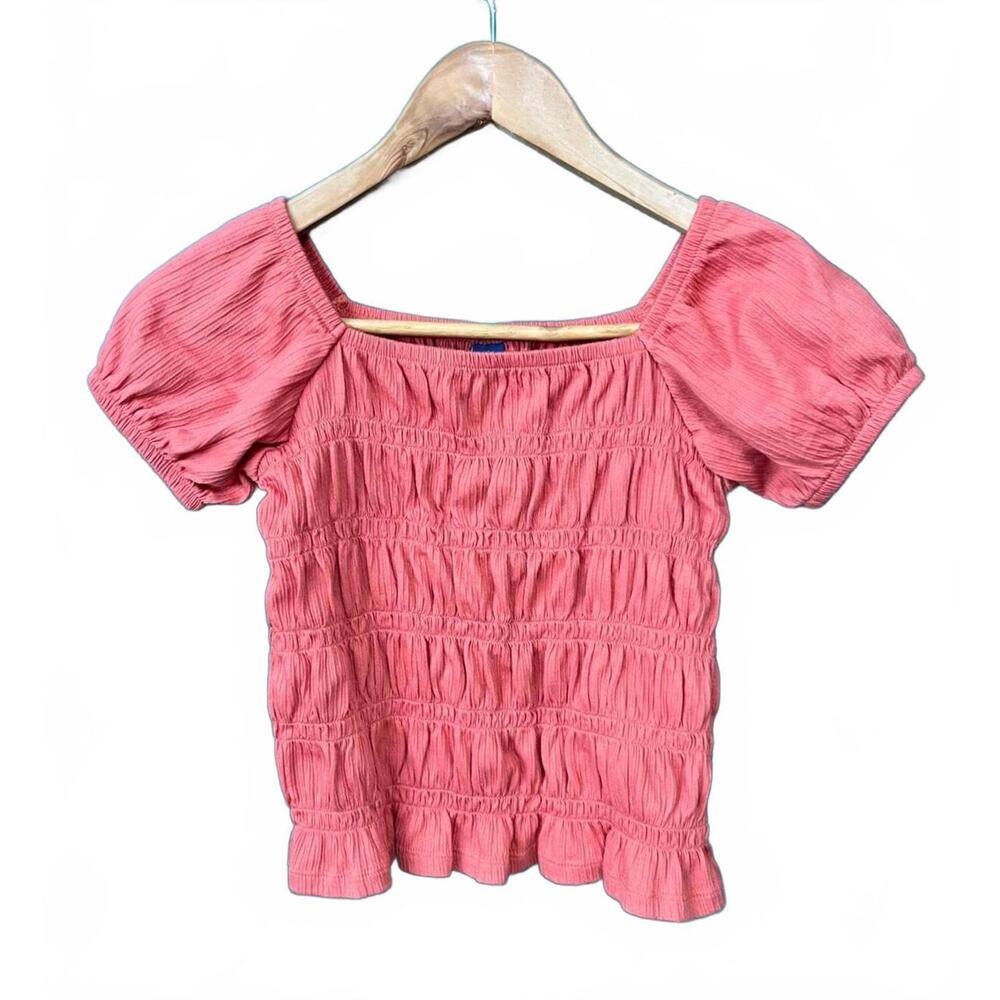 Old Navy Girls Puckered-Jacquard Knit Smocked Top – Pink Puff Sleeve Blouse
